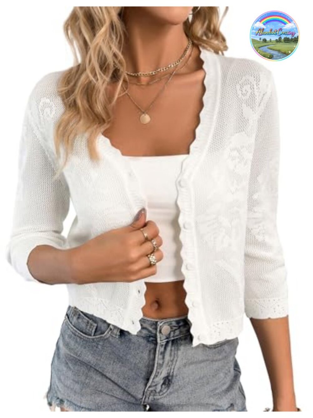 Women's Lightweight Crochet Cardigan 3/4 Sleeve Button Down Shrug